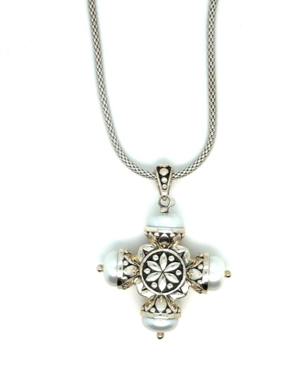 Sterling Silver 925 4-Pearls Cross Necklace